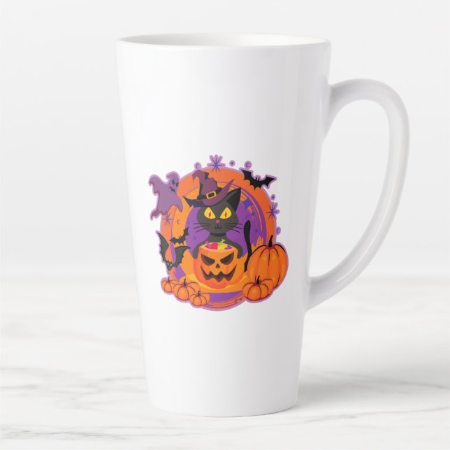 Caneca De Café Latte Halloween Cat E Pumpkins (Direita)