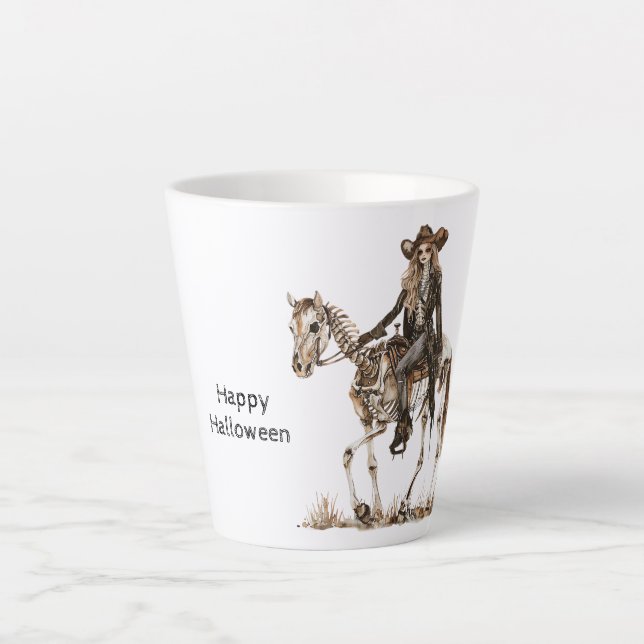 Caneca De Café Latte Halloween Cowgirl Western Horse Skeleton (Frente)