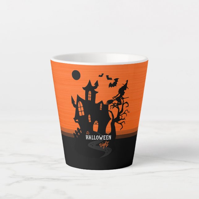 Caneca De Café Latte Halloween Night Witch and Bats Hunted House (Frente)