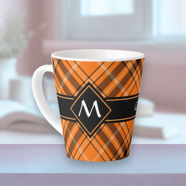 Caneca De Café Latte Halloween Orange Tartan (Criador carregado)