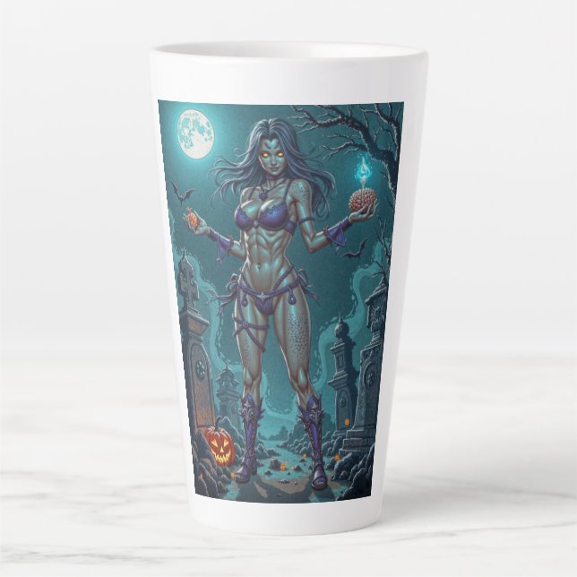 Caneca De Café Latte Halloween Treat ou Zombie Namorada w Cérebros (Frente)