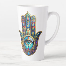 Caneca De Café Latte Hamsa Azul Real Dourado c/ Terceiro Olho Turquesa