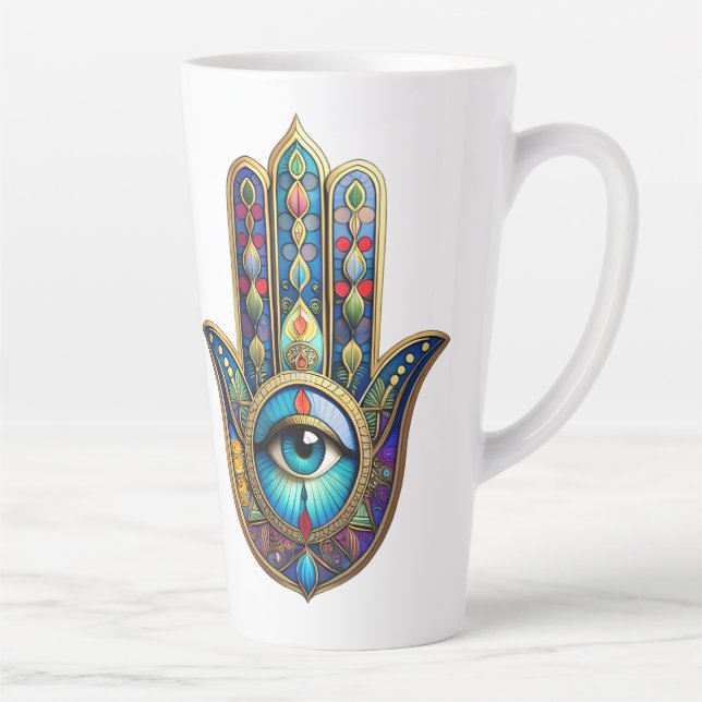Caneca De Café Latte Hamsa Azul Real Dourado c/ Terceiro Olho Turquesa (Direita)