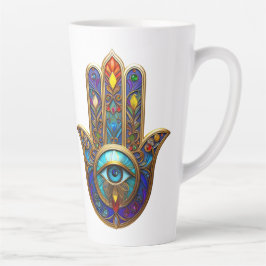 Caneca De Café Latte Hamsa Colorido Dourado Terceiro Olho Turquesa Safi