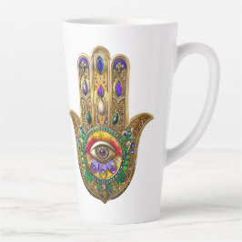 Caneca De Café Latte Hamsa de Ouro Pintado com Olho Terceiro de Ametist