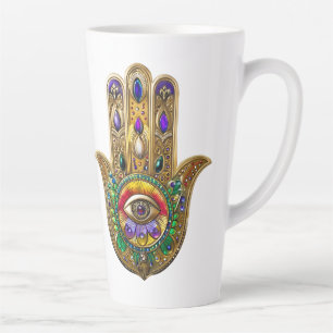 Caneca De Café Latte Hamsa de Ouro Pintado com Olho Terceiro de Ametist