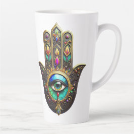 Caneca De Café Latte Hamsa Dourado Marrom Colorido Terceiro Olho Arco-Í