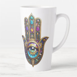 Caneca De Café Latte Hamsa Dourado Violeta c/ Terceiro Olho Cor Azul-Ve