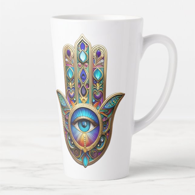Caneca De Café Latte Hamsa Violeta Dourado Turquesa c/ Terceiro Olho Sa (Direita)