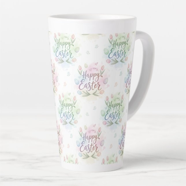 Caneca De Café Latte Hand-Lettered Happy Easter Watercolor (Ângulo direito)