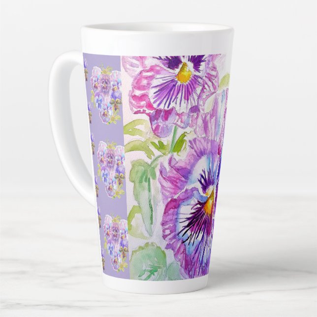 Caneca De Café Latte Hand Painted Purple Pansy Pansies floral Latte Mug (Ângulo esquerdo)