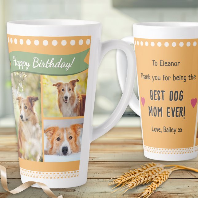 Caneca De Café Latte Happy Birthday Dog Mom Pet Photos Personalized (A personalized 'Happy Birthday' latte mug for the 'Best Dog Mom Ever', with three custom pet photos)