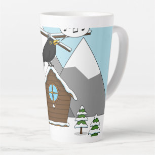 Caneca De Café Latte Happy Blackbird Cantando na paisagem de inverno