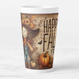 Caneca De Café Latte Happy Fall Ya Scarecrow e Autumn Foliage