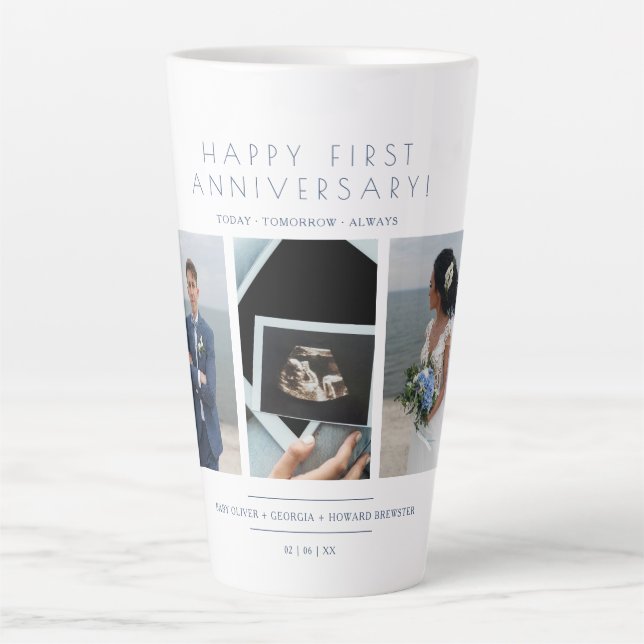 Caneca De Café Latte Happy First Wedding Anniversary 3 Photos Collage (Frente)