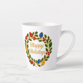 Caneca De Café Latte Happy Holidays Wreath Christmas Lights and Holly