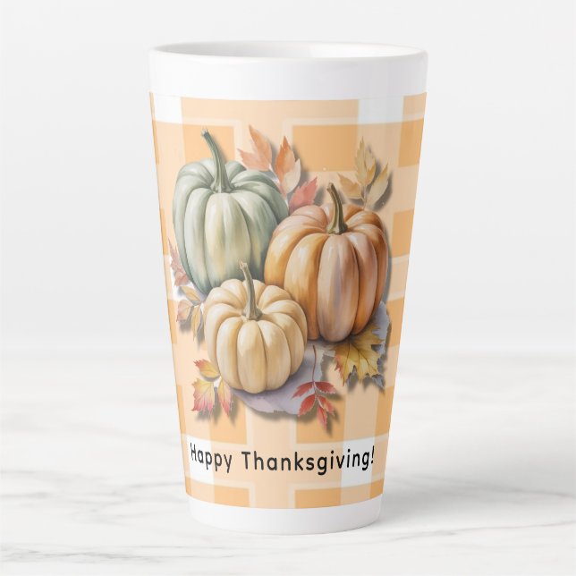 Caneca De Café Latte Happy Thanksgiving Pumpkins & Autumn Leaves (Frente)