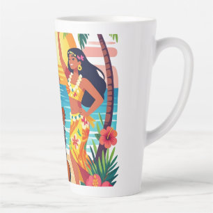 Caneca De Café Latte Havaiano Hula Pôr do Sol Praia Dança Tropical Arte