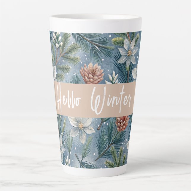 Caneca De Café Latte Hello Winter Pines & Flowers (Frente)