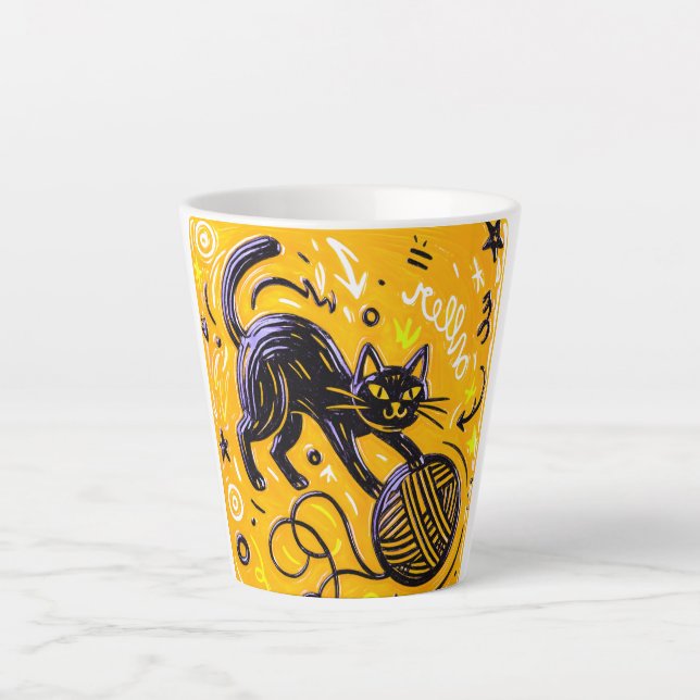 Caneca De Café Latte Hello Yellow Black Cat (Frente)