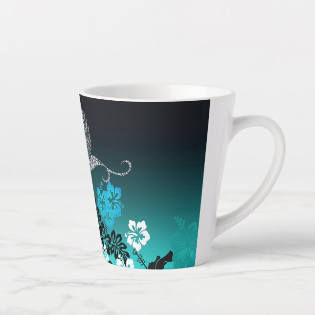 Caneca De Café Latte Hibiscus em Turquesa com Hummingbird (Direita)