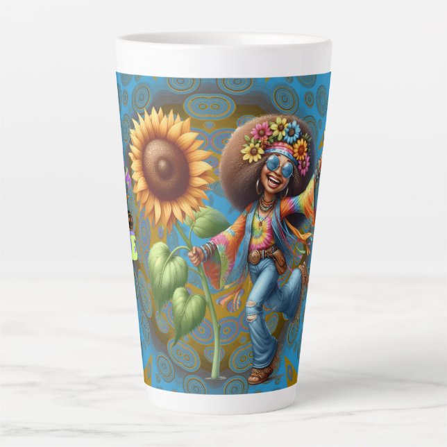Caneca De Café Latte Hippie Chic Colorida Mantenha Calma. (Frente)