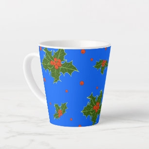 Caneca De Café Latte Holly (Ilex) Motif de Natal em Fundo Azul