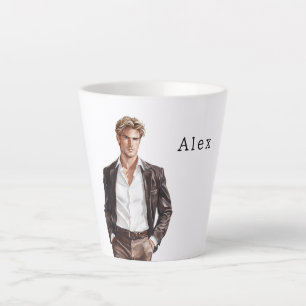 Caneca De Café Latte Homem de Cabelo Loiro Casaco Marrom