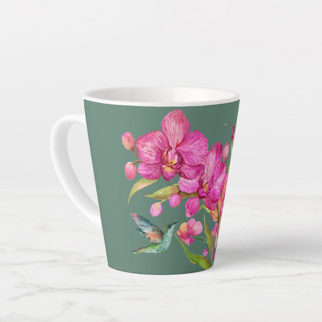 Caneca De Café Latte Hummingbird e Orquídeas (Ângulo esquerdo)