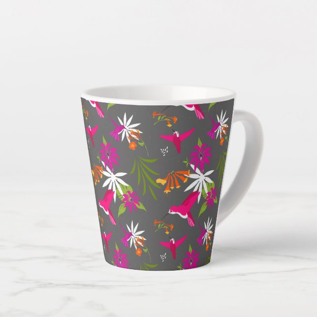 Caneca De Café Latte Hummingbird Padrão Rosa Cinza Púrpura Tropical (Ângulo direito)