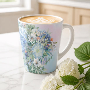 Caneca De Café Latte Hydrangea Azul e Lata Floral