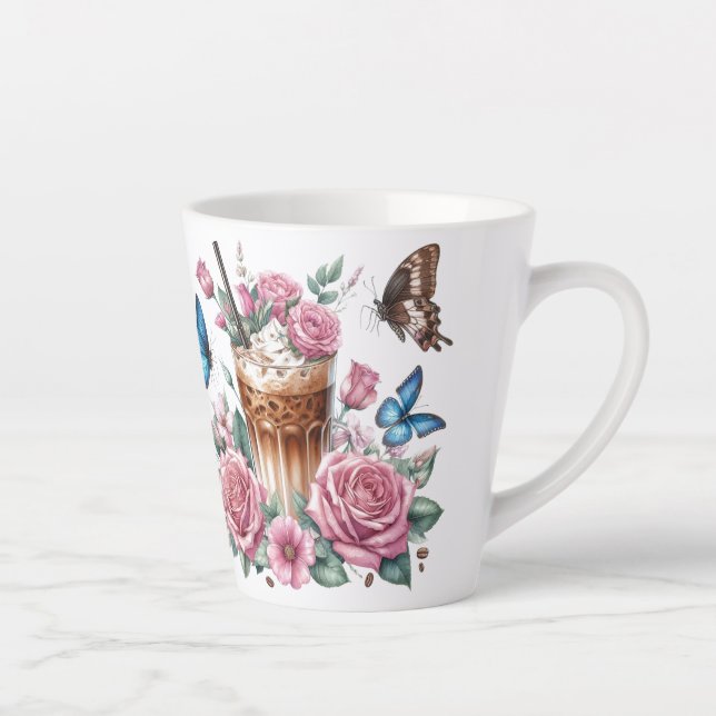 Caneca De Café Latte Iced Coffee & Butterfly Floral  (Direita)
