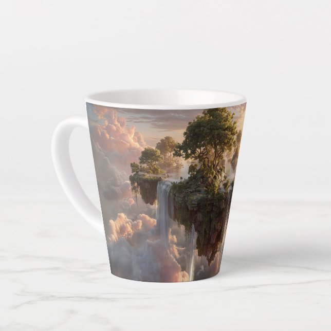 Caneca De Café Latte Ilhas Flutuantes Surreais Com Cachoeiras (Ângulo esquerdo)