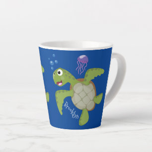 Caneca De Café Latte Ilustração animada feliz da tartaruga verde-bran