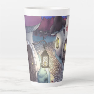 Caneca De Café Latte Ilustração da Aldeia de Cogumelos Fantasy Noturno