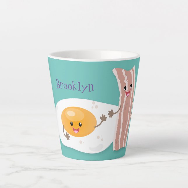 Caneca De Café Latte Ilustração de desenho animado de ovo e bacon em ka (Frente)