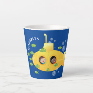 Caneca De Café Latte Ilustração de desenho animado submarino amarelo