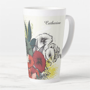 Caneca De Café Latte Ilustração de Flor com Nome Personalizado
