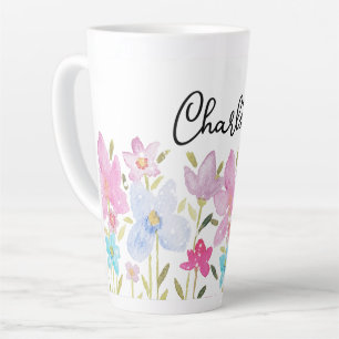 Caneca De Café Latte Ilustração de Flores Silvestres Fofas Monogramadas