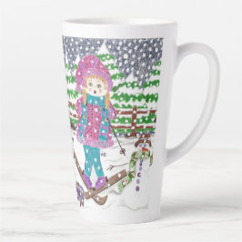 Caneca De Café Latte Ilustração de Garota de Esqui Bonita Latte Mug
