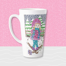 Caneca De Café Latte Ilustração de Garota de Esqui Bonita Latte Mug