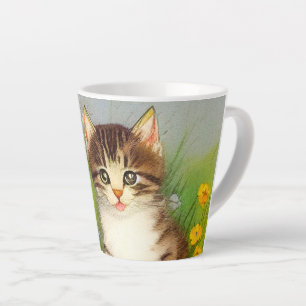 Caneca De Café Latte Ilustração de Gato de Sorriso de Vintage
