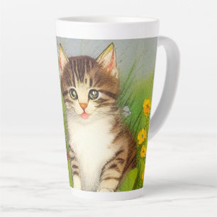Caneca De Café Latte Ilustração de Gato de Sorriso de Vintage