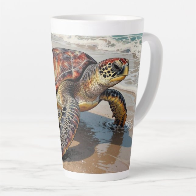 Caneca De Café Latte Ilustração de Tartaruga Marinha e Bebê (Ângulo direito)