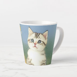 Caneca De Café Latte Ilustração Vintage Kitten com Flores Amarelas