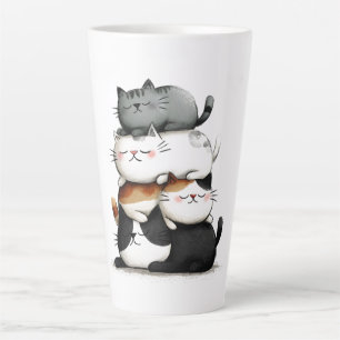 Caneca De Café Latte Ilustração Whimsical de uma Pilha de Gatos Adoráve