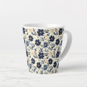 Caneca De Café Latte Impressão de Arte Folclórica em Azul Escuro Bege R