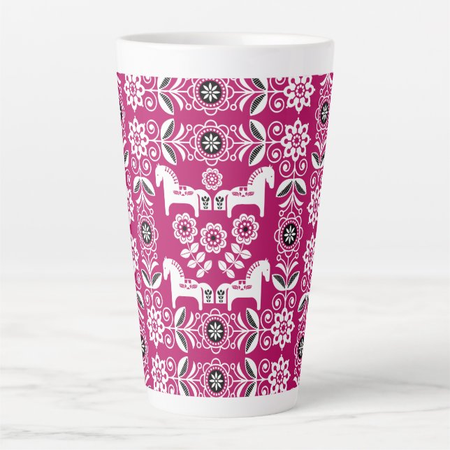 Caneca De Café Latte Impressão de Cavalo Sueco Dala Rosa (Frente)