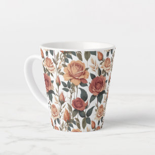 Caneca De Café Latte Impressão de Flor Rosa Vermelha Vintage Rústica da