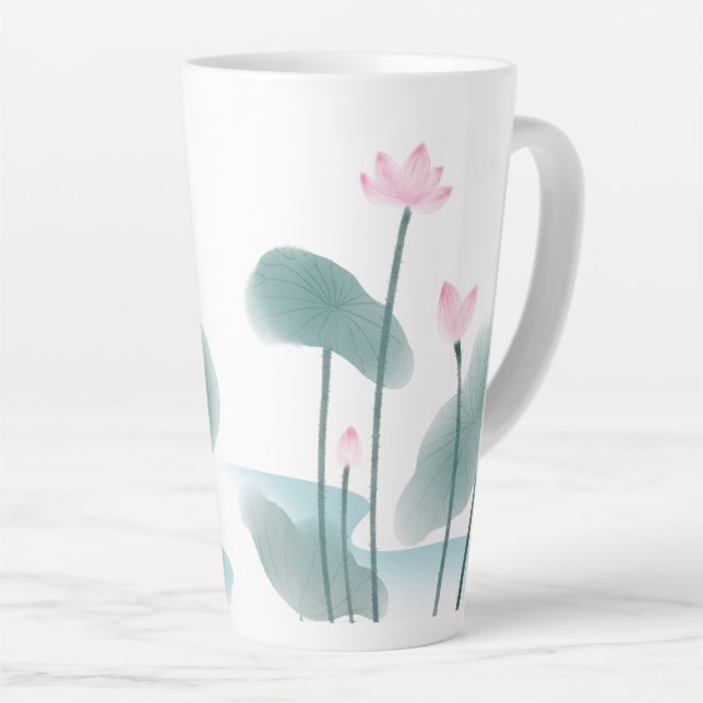 Caneca De Café Latte Impressão em aquarela Lotus Desenho em Forma Livre (Ângulo direito)